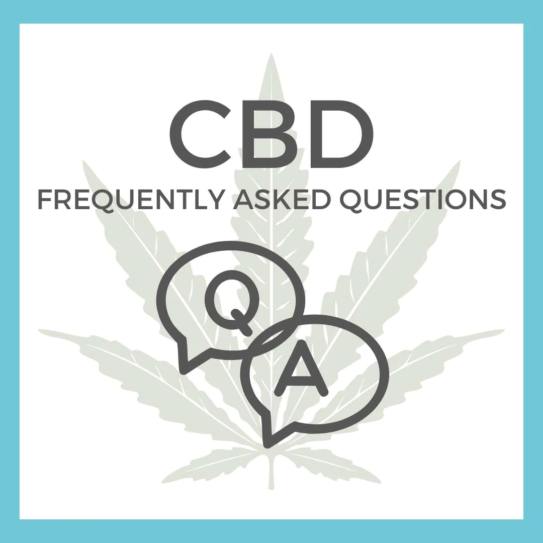 The letters "CBD" are above the words "frequently asked questions" and have a marijuana leave behind them and two speech bubbles with Q and A in them respectively. 